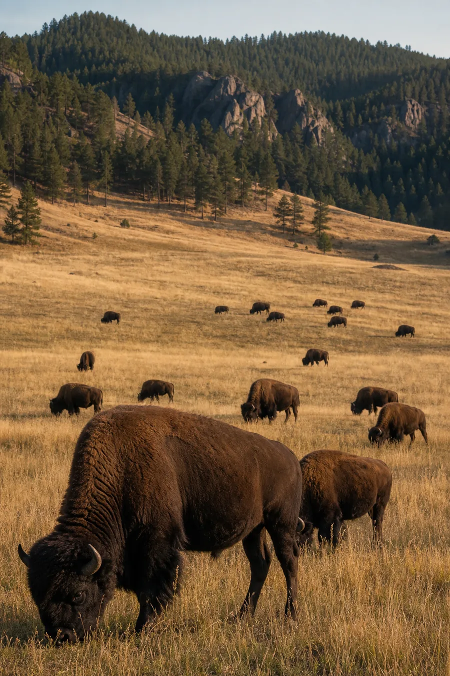 A bison herd grazing an open Black Hills valley