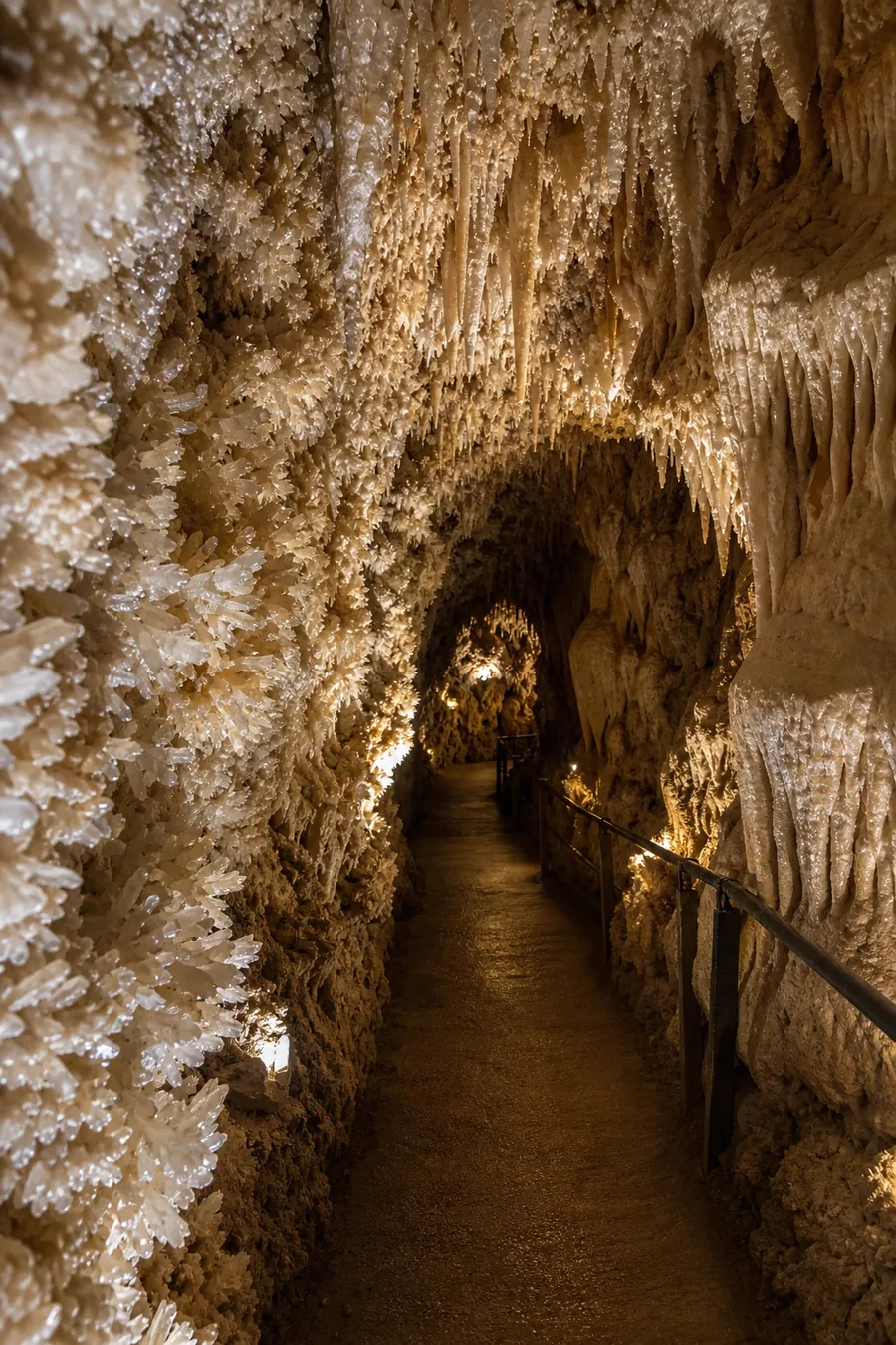 Calcite crystal formations lining a limestone cave passage