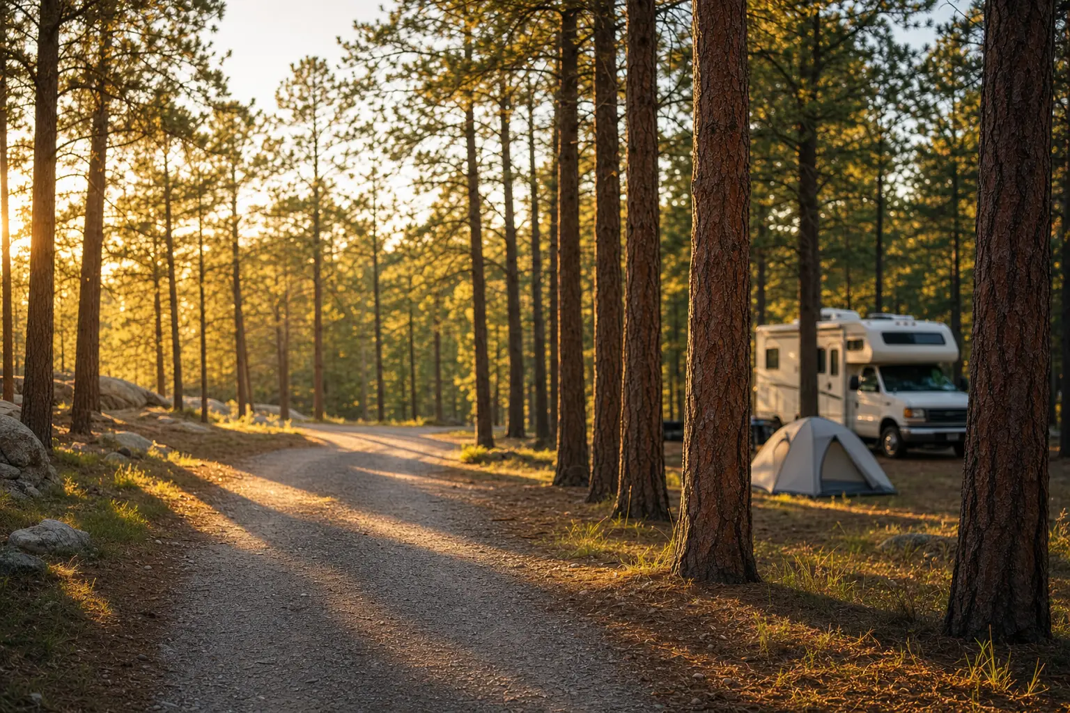 A gravel lane winding through tall ponderosa pines at golden hour