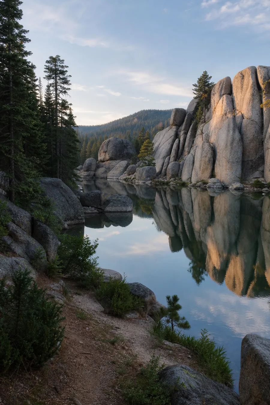 A clear mountain lake ringed by granite boulders and pines