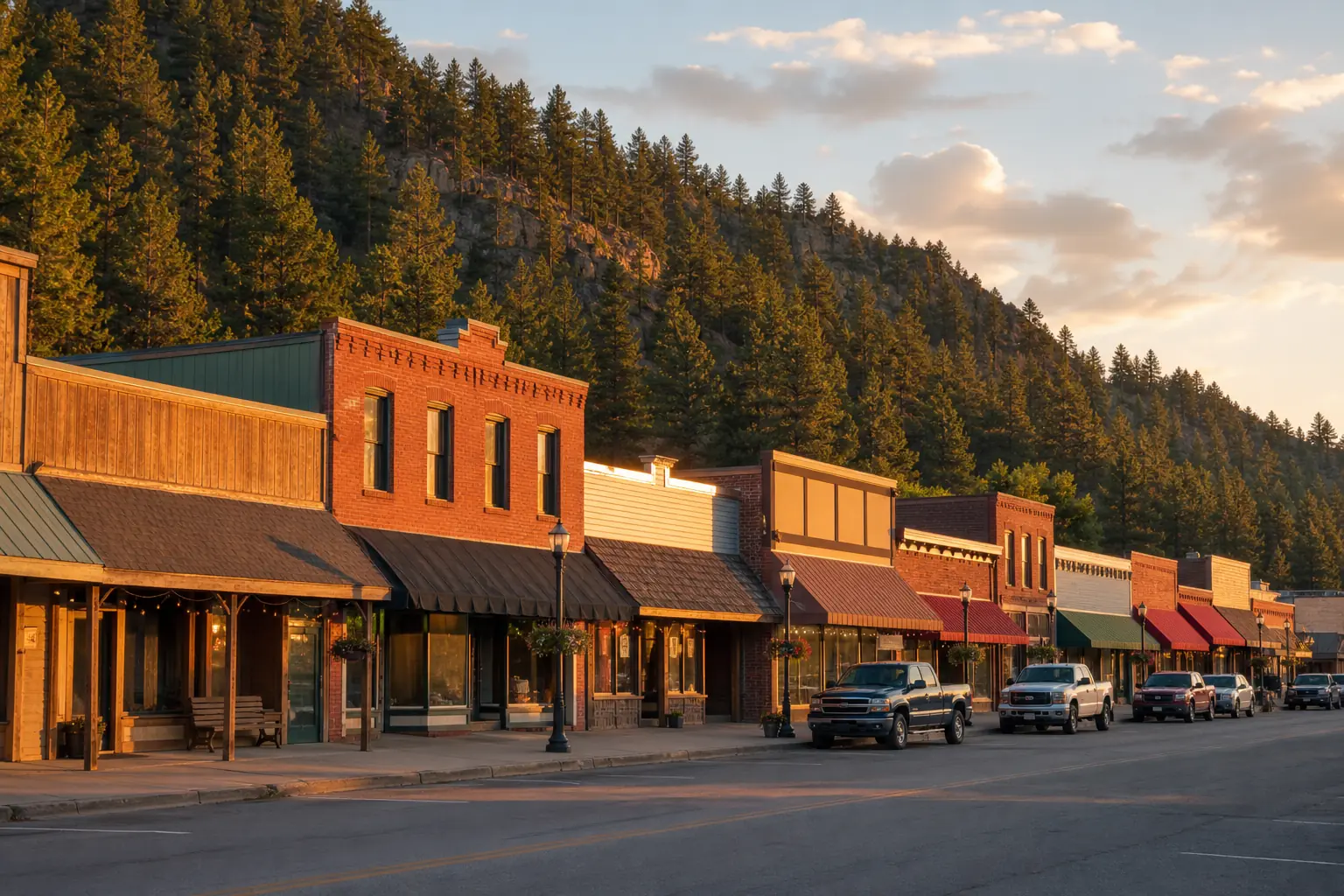 A small Western main street backed by pine-covered hills